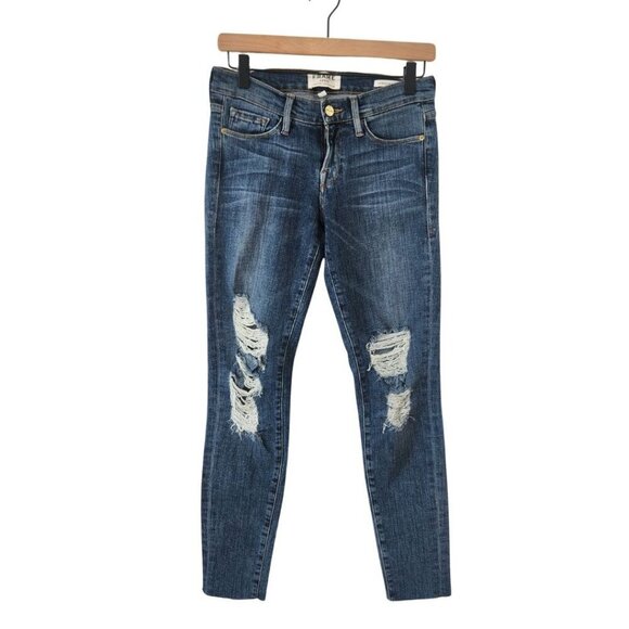 Frame Denim Le Skinny de Jeanne Medium Wash Stretch Skinny Jeans Distressed 26 - Picture 2 of 9